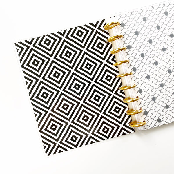 Black and White Diamond Geometric Disc-Bound Laminated Planner Cover