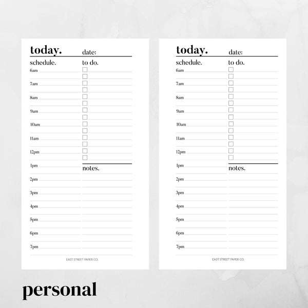 Today Undated Daily Printed Planner Insert