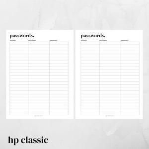 Password Tracker Printed Planner Insert