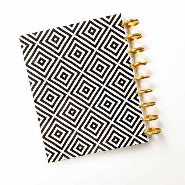 Black and White Diamond Geometric Disc-Bound Laminated Planner Cover