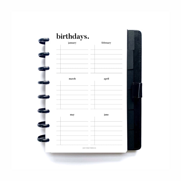Birthday Yearly Birth Date Tracker Printed Planner Insert