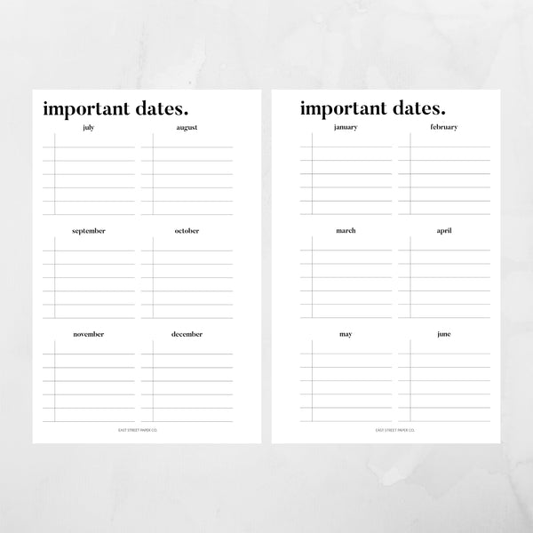 Important Dates Yearly Tracker Printed Planner Insert