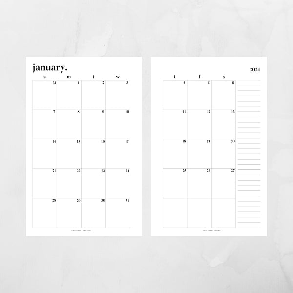 Dated 2024 Monthly SUNDAY Start Month on Two Pages (Blank Back)
