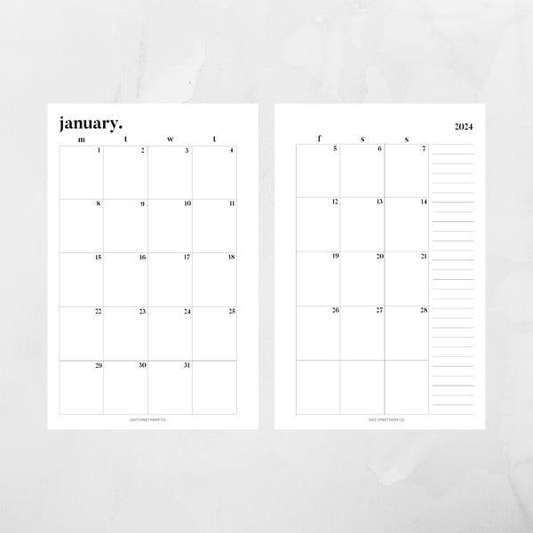Dated 2024 Monthly MONDAY Start Month on Two Pages (Blank Back)